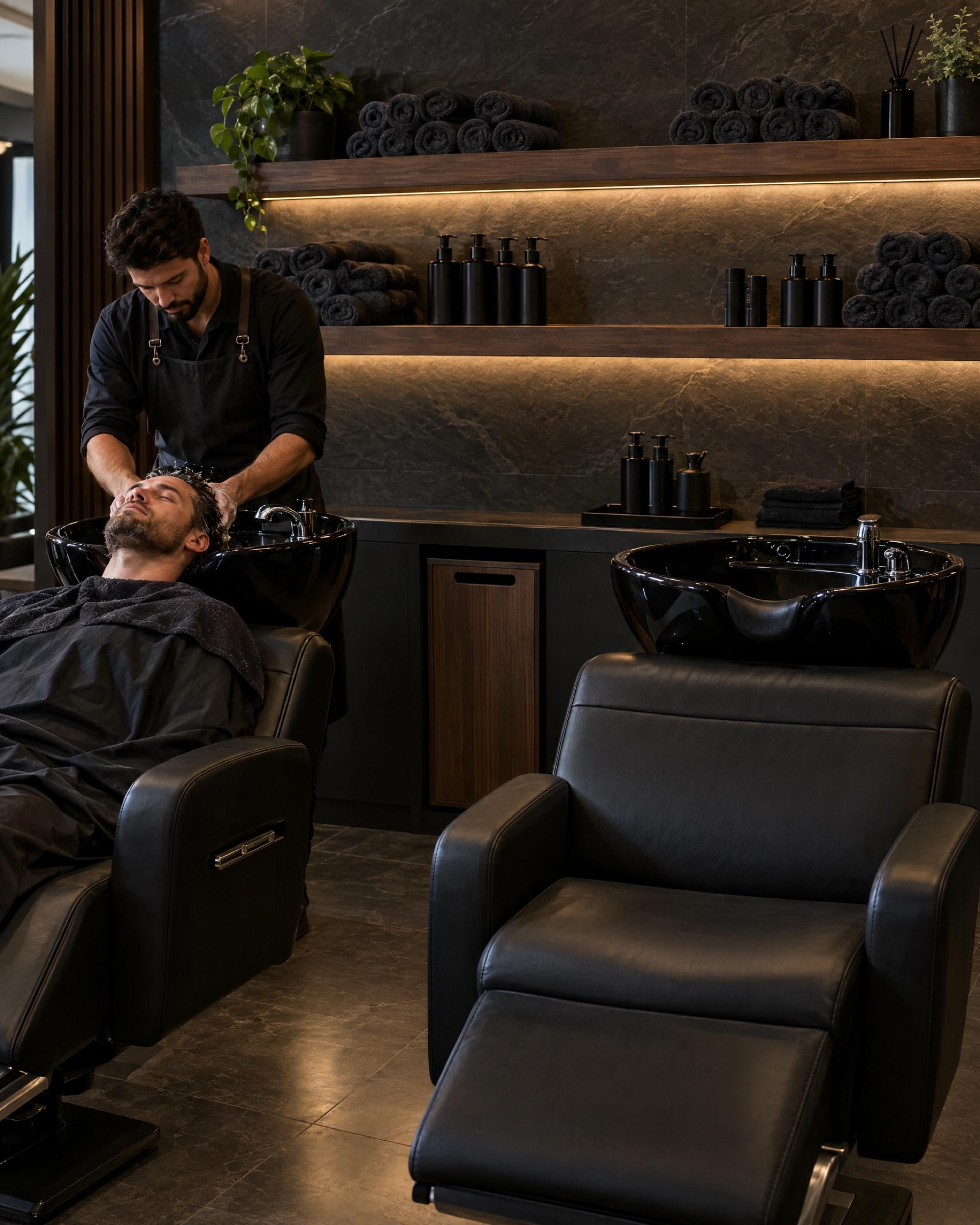 The Rinse: a barber rinses a reclined client's hair at a black shampoo bowl; floating walnut shelves above hold rolled charcoal towels and unbranded bottles under warm light.