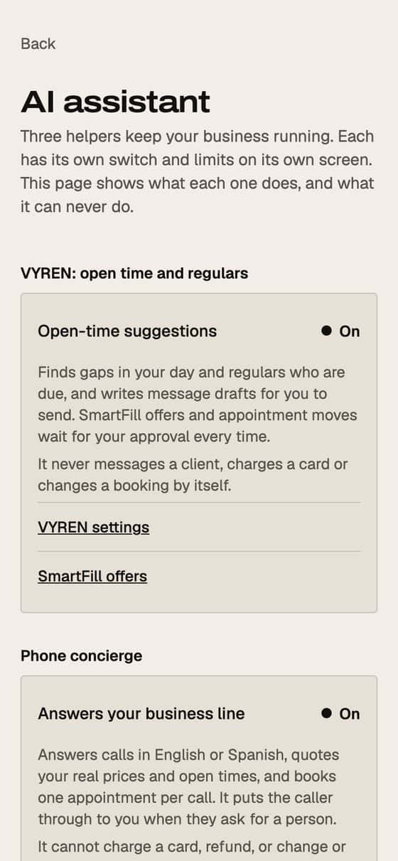 EYEGASMS app screen: AI assistant hub showing the VYREN and phone concierge helpers, whether each is on, and what each can never do.