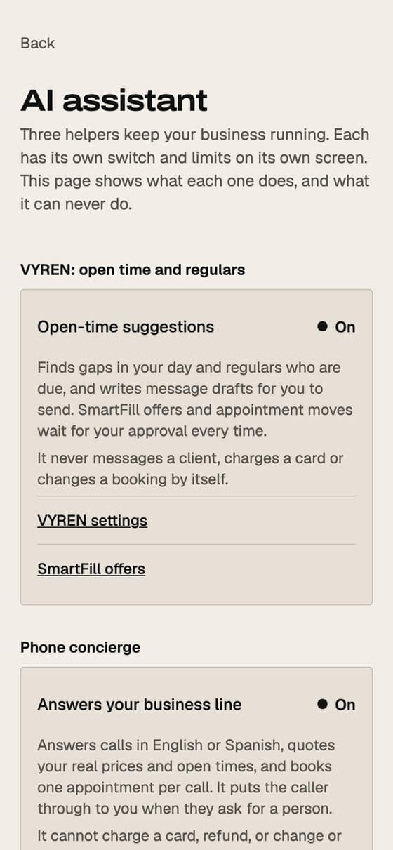 EYEGASMS app: the AI assistant hub showing VYREN and the phone concierge, and what each can never do.