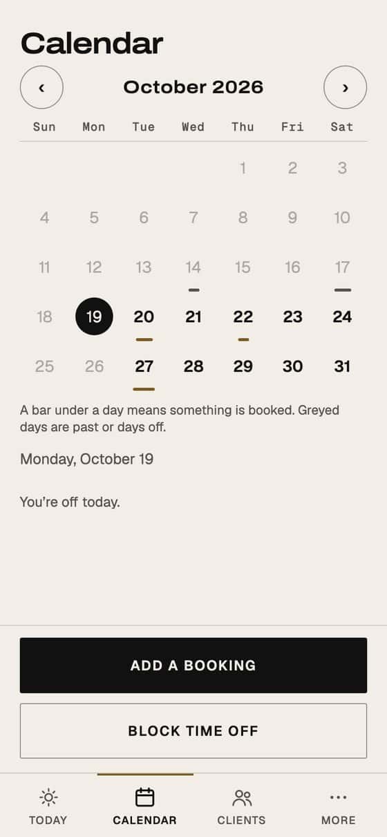 EYEGASMS app screen: a month calendar for a barber, with booked days marked, the day's timeline and an Add a booking button.