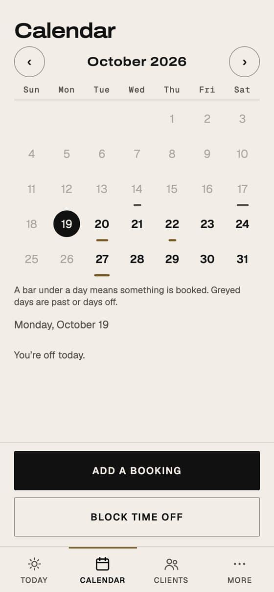 EYEGASMS app: a barber's month calendar with booked days and the day's timeline.
