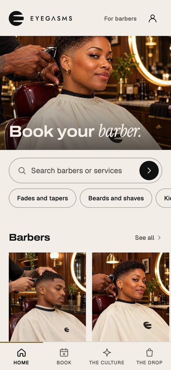 EYEGASMS app screen: the barbers list with photos, specialties and the next open times.