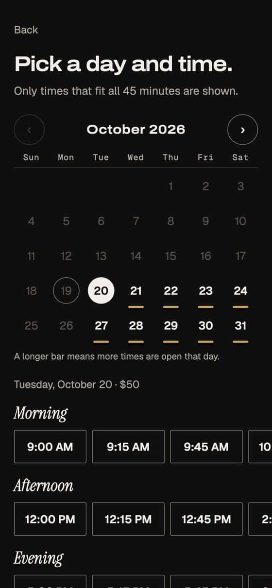 EYEGASMS app screen: Pick a day and time, a month calendar with open days marked and morning, afternoon and evening times.