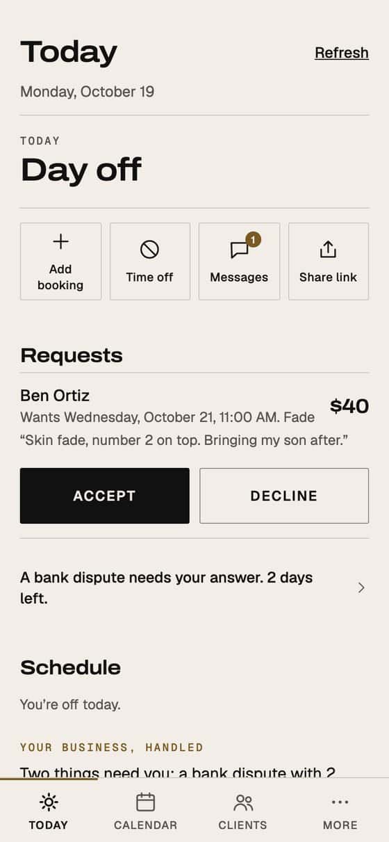 EYEGASMS app screen: a barber's Today view with quick actions, a booking request to accept or decline and the day's schedule.