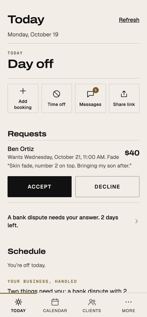 EYEGASMS app: a barber's Today view with a booking request to accept or decline and the day's schedule.