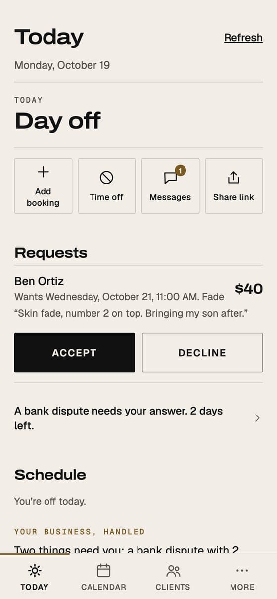 EYEGASMS app screen: a barber's Today view with quick actions, a booking request to accept or decline and the day's schedule.