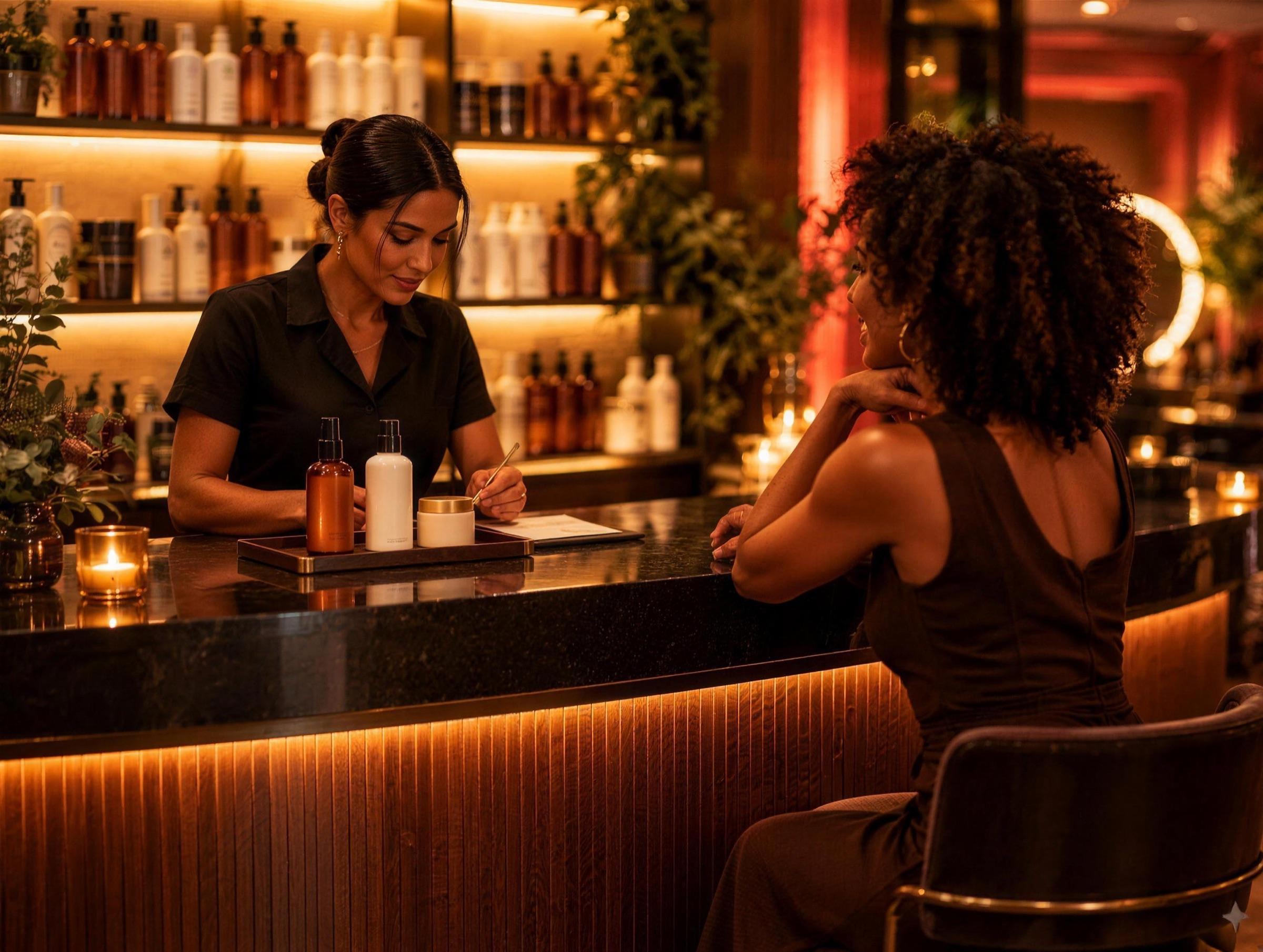 The Bar: the concierge sets out three products on a tray and writes a care plan for a client seated across the compact walnut counter, glowing product shelves behind.