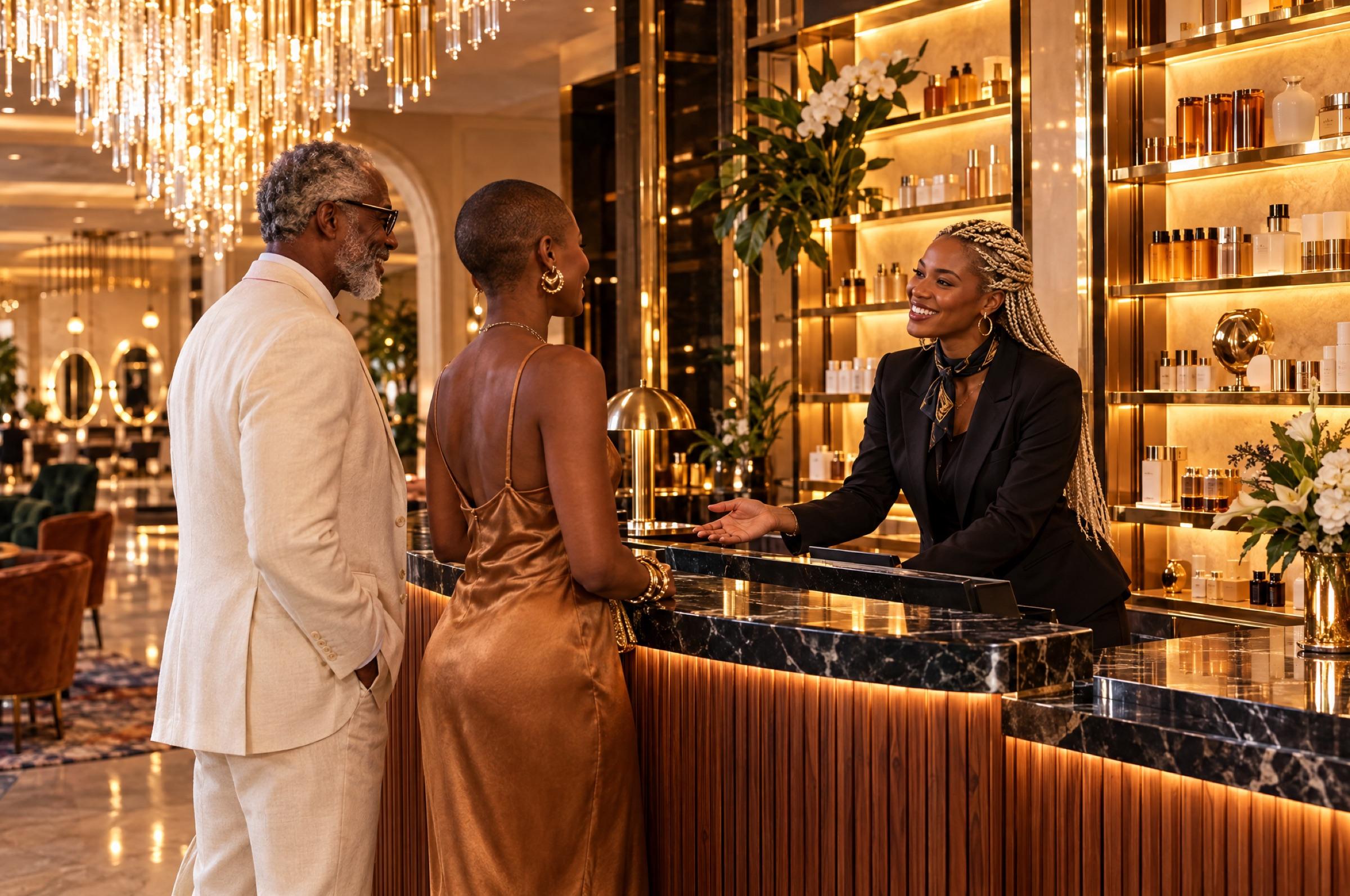 The Bar: a host with platinum braids welcomes two arriving guests at a curved walnut and onyx counter, glowing product shelves behind.