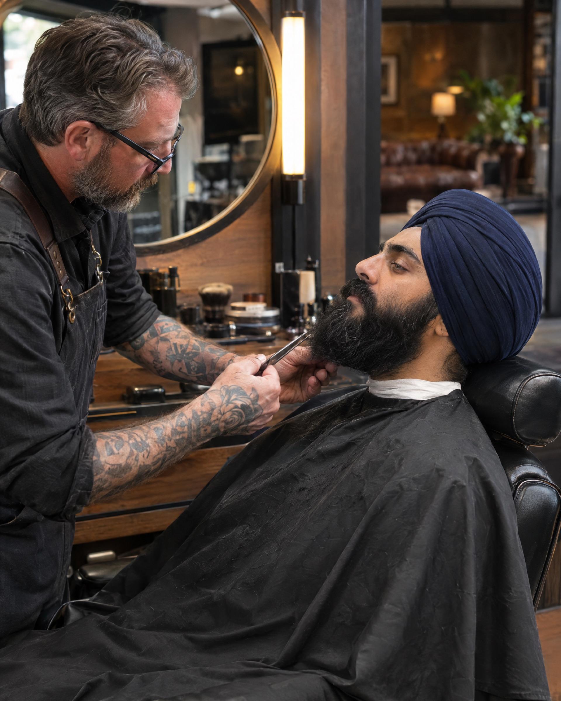 A barber shapes the full beard of a client wearing a navy turban.