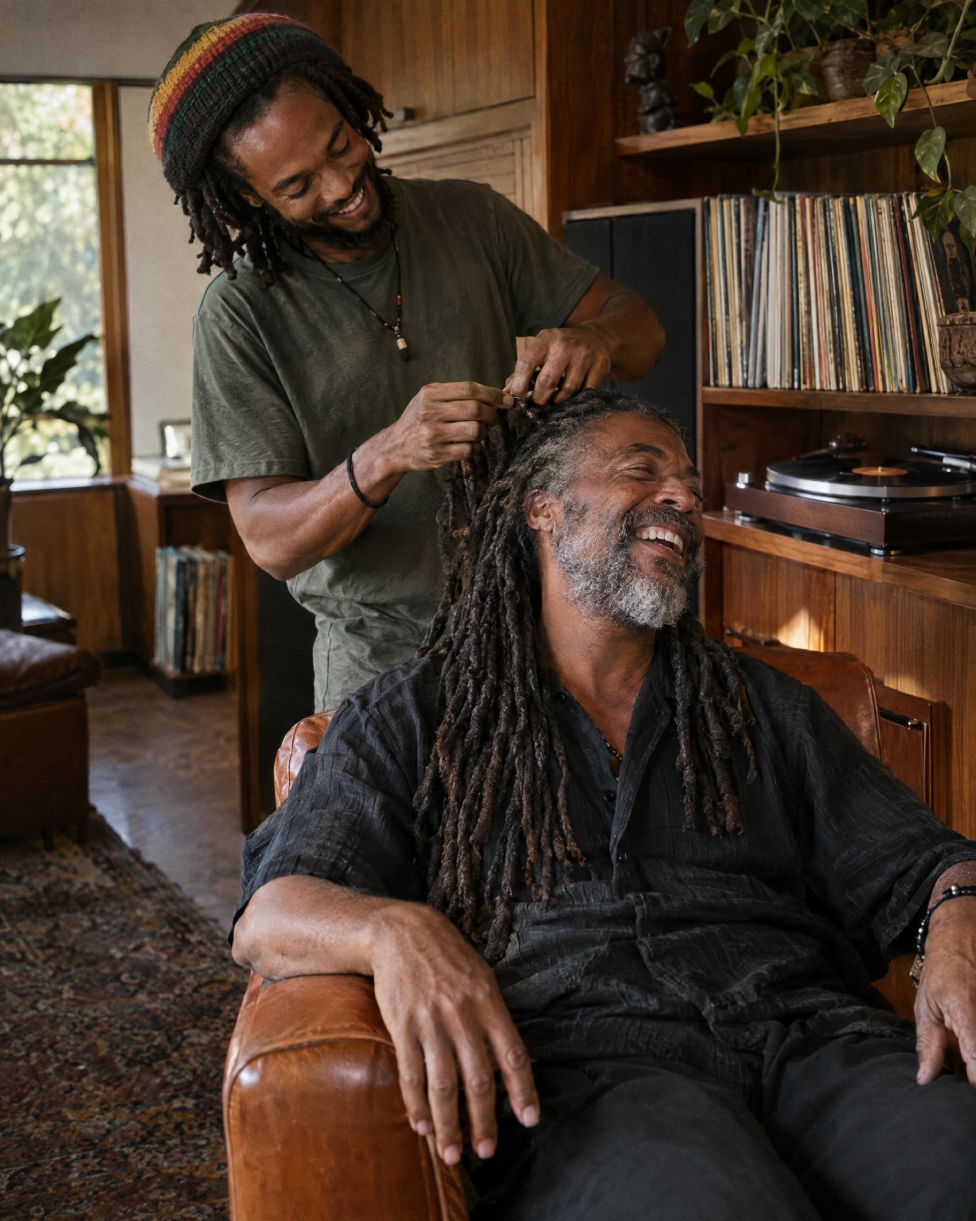 A loctitian retwists a client's long locs; both are mid-laugh.
