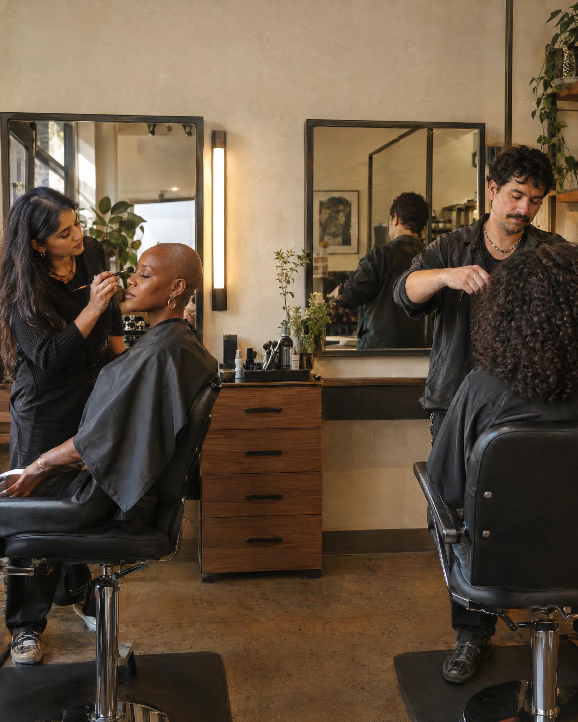 Two professionals share a suite: a makeup artist works on one client while a hairstylist styles another's curls.