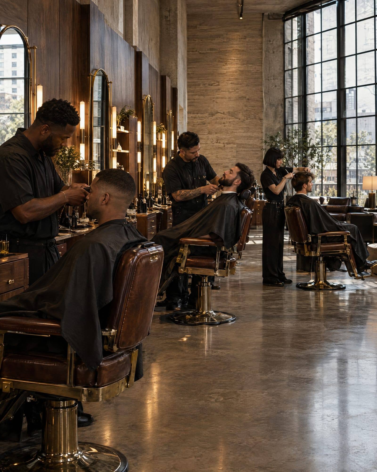 The MainStage: a long open barber floor in a concrete-and-travertine building, walnut and brass stations with leather chairs; a Black barber fading a client, a Latino barber lining up a beard and a woman barber cutting with scissors.