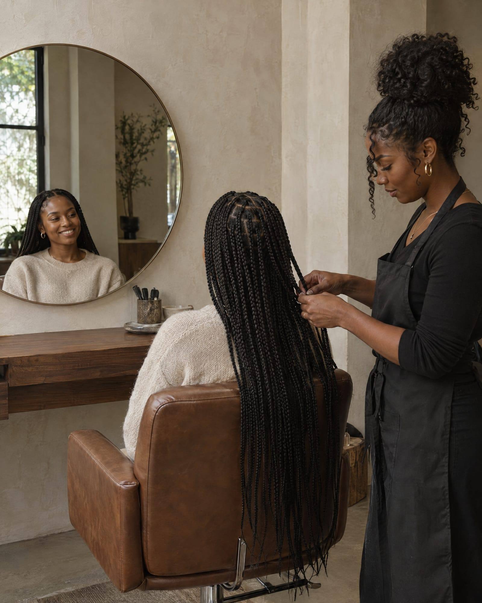 The Studios: in a private plaster-walled studio, a Black woman stylist finishes long knotless box braids on a smiling client seated in a leather chair.