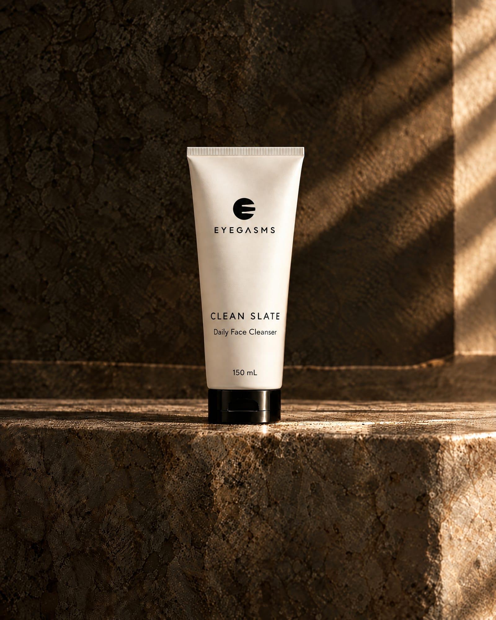 Clean Slate, daily face cleanser, by EYEGASMS: a bone squeeze tube with a black cap, 150 mL, alone on a travertine ledge in raking golden light.