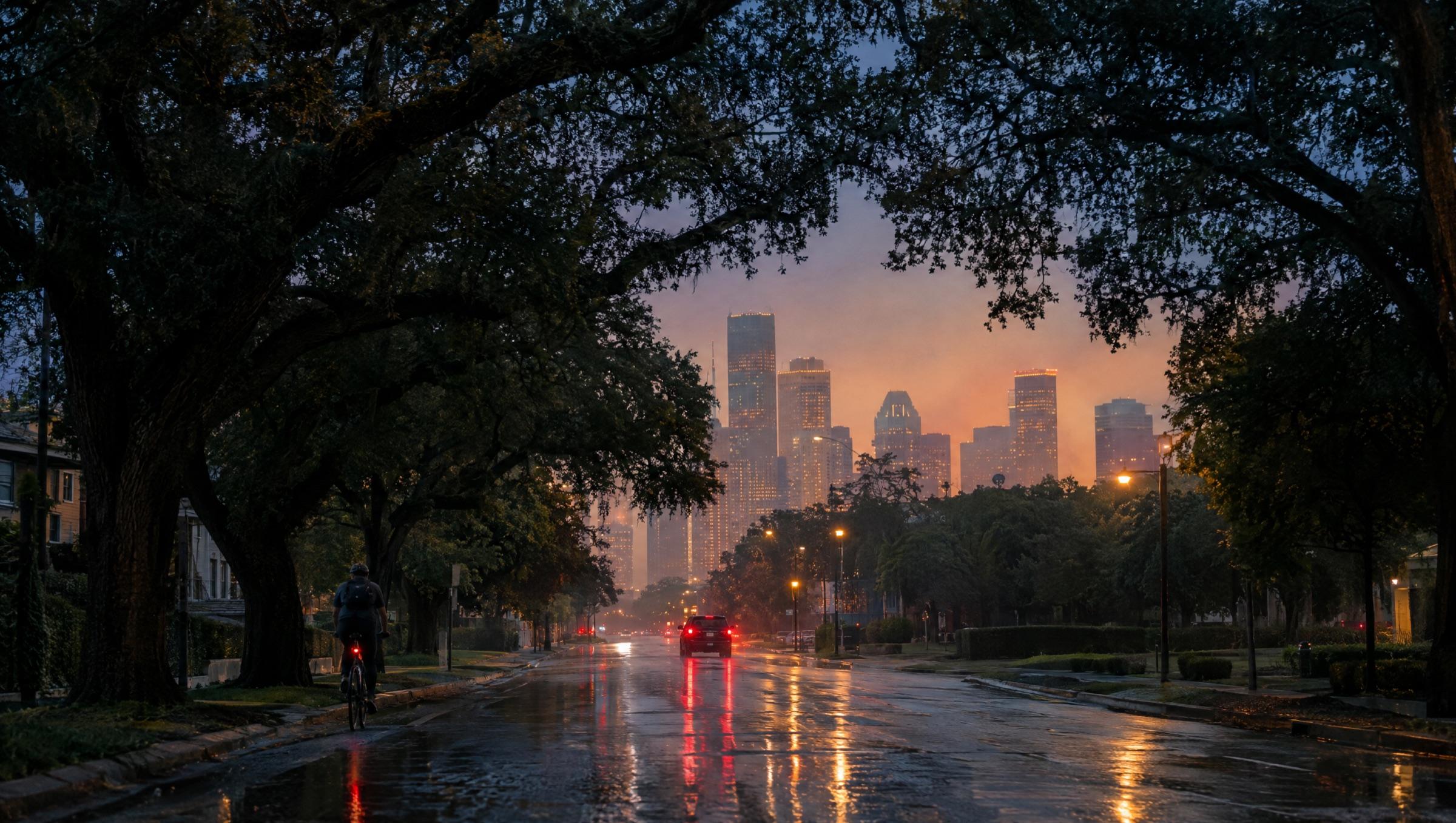 A humid Houston-style street at blue hour: live oaks arching overhead, wet pavement, the skyline glowing in haze.