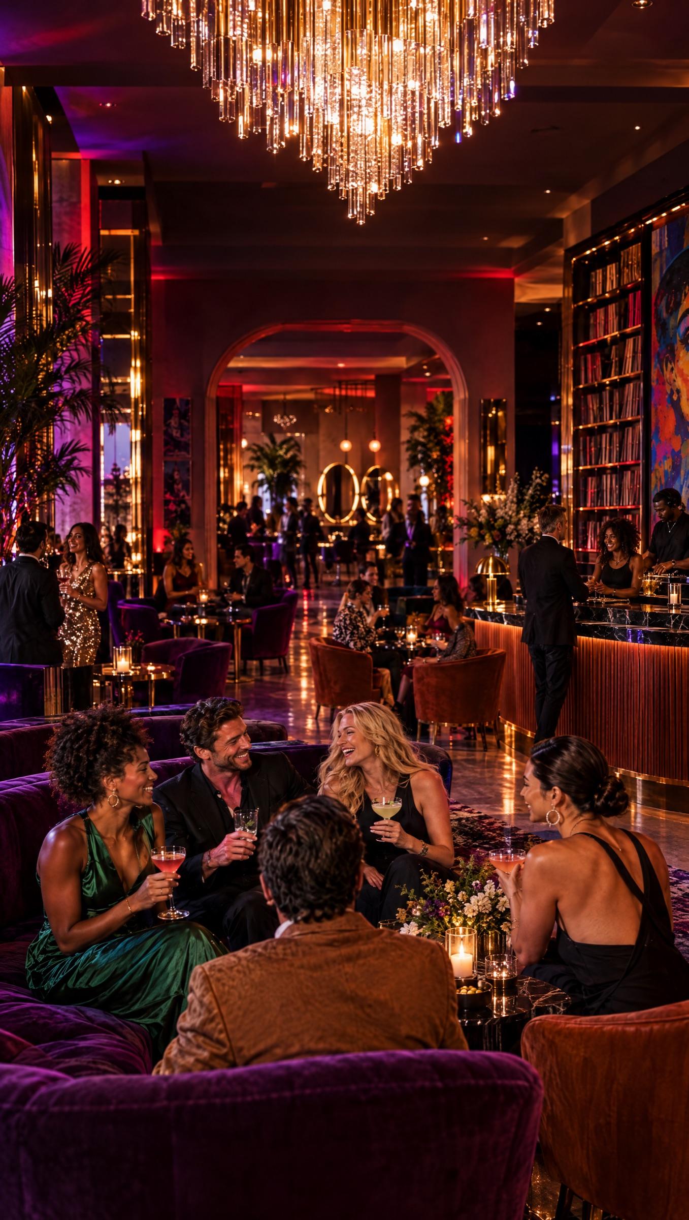 Tall view of the lobby at night under a crystal chandelier, friends laughing on a velvet banquette, the crowd behind.