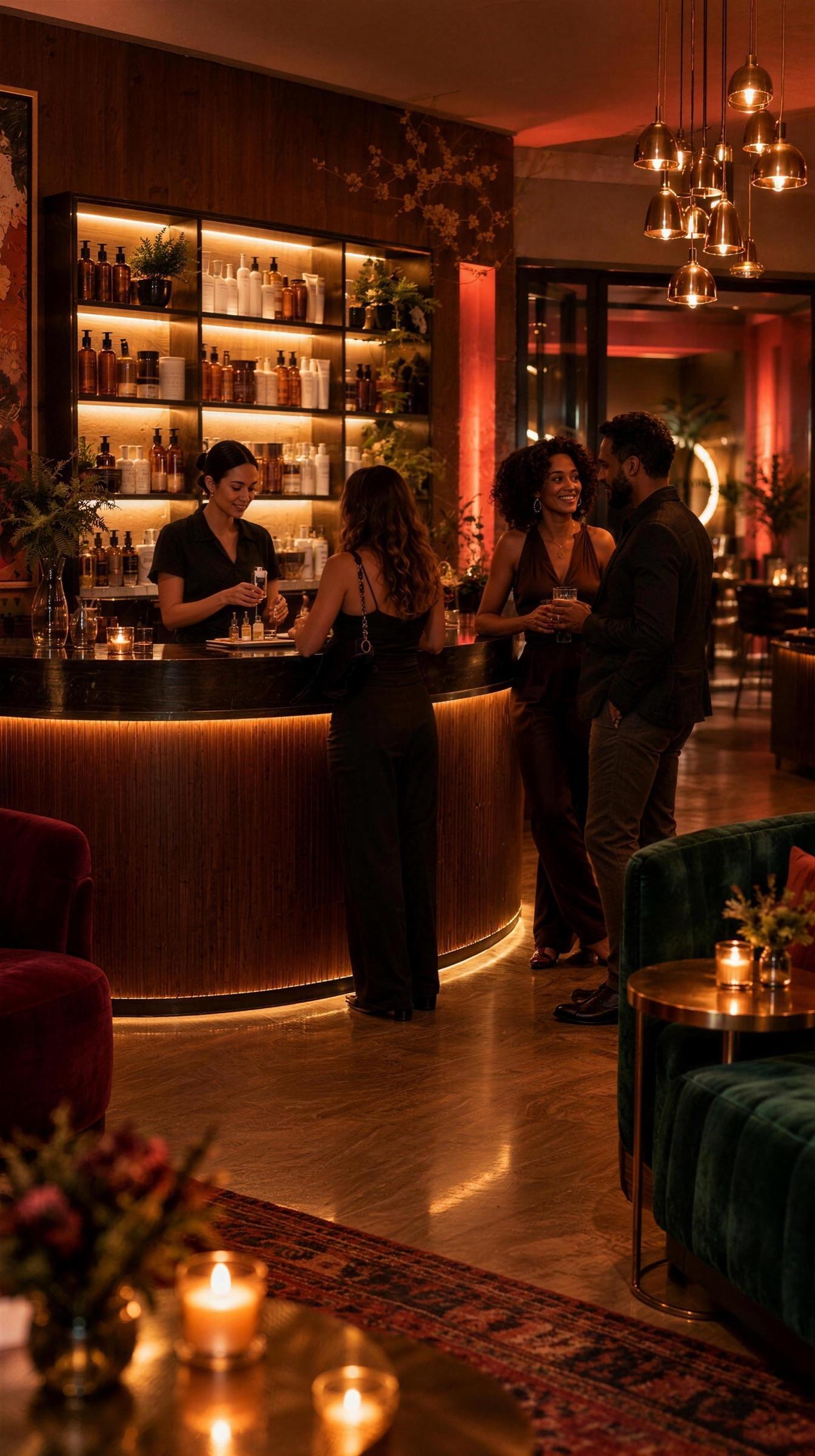 Tall view of the lounge at night: the concierge at the small product bar with a guest, others talking nearby, candles in the foreground.