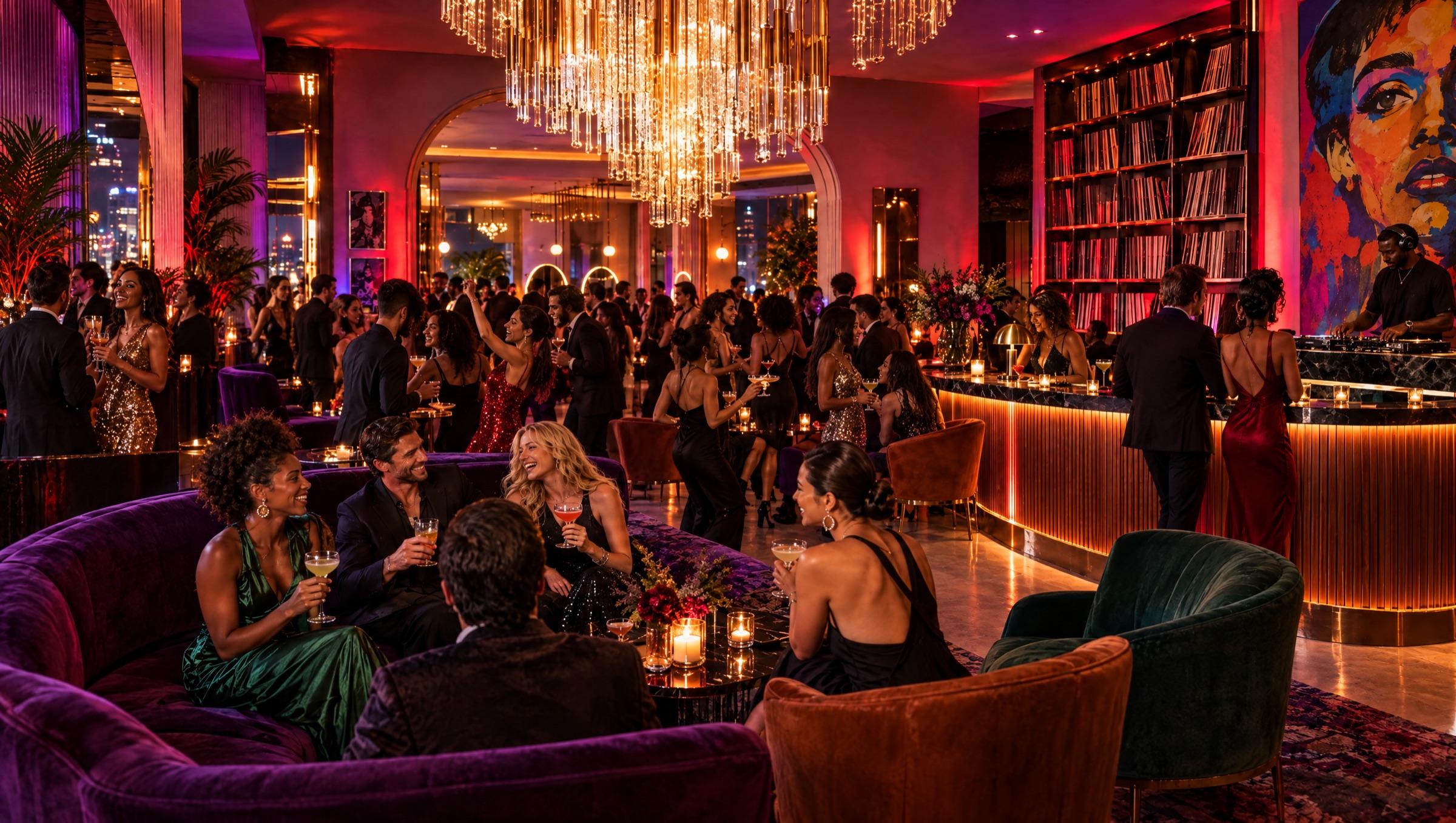 The lobby at night: the chandelier sparkling, red and violet light on the walls, a glamorous crowd talking and laughing, a DJ at the vinyl wall.