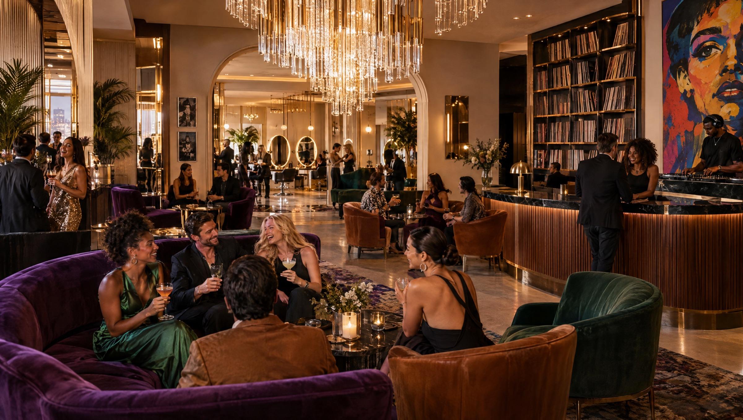 The lobby in the late afternoon: a crystal chandelier over jewel-toned velvet seating, friends laughing and taking a photo, styling stations glowing through an arch.