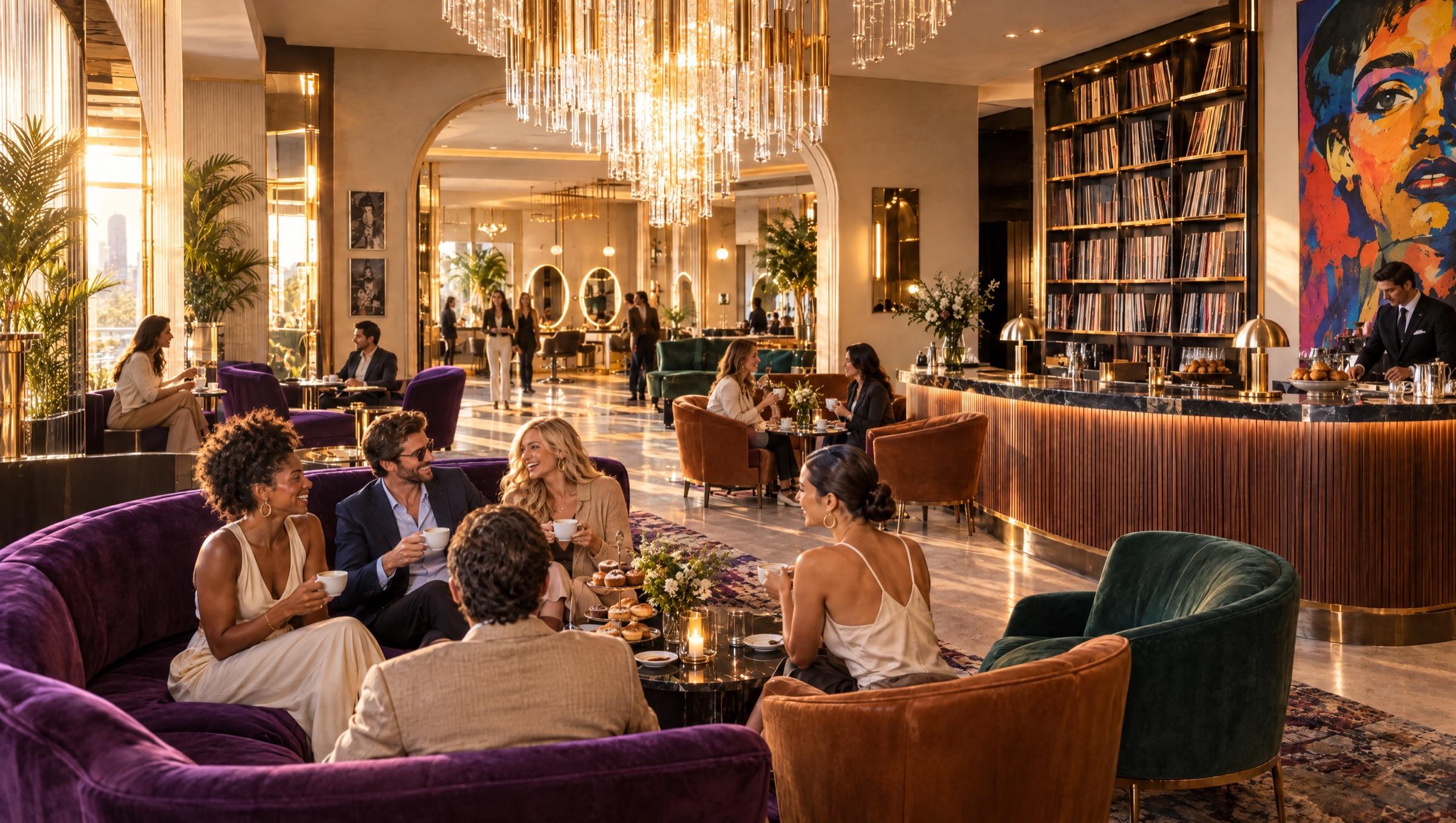 The lobby in the morning: sun catching a crystal chandelier, early guests with coffee on a violet velvet banquette, a host at the walnut bar.