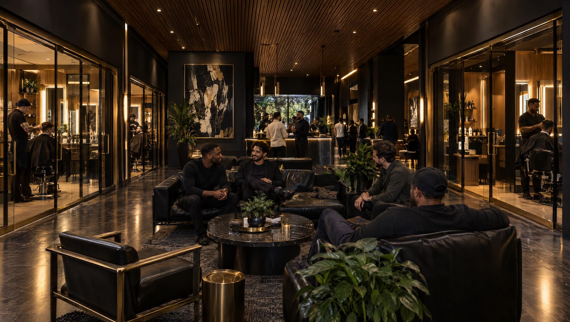 The Social Lounge at night: glass-fronted private barber studios glow along both walls while men of different backgrounds talk on black leather sofas under a warm walnut slat ceiling, with greenery, brass details and a large painting at the far end.