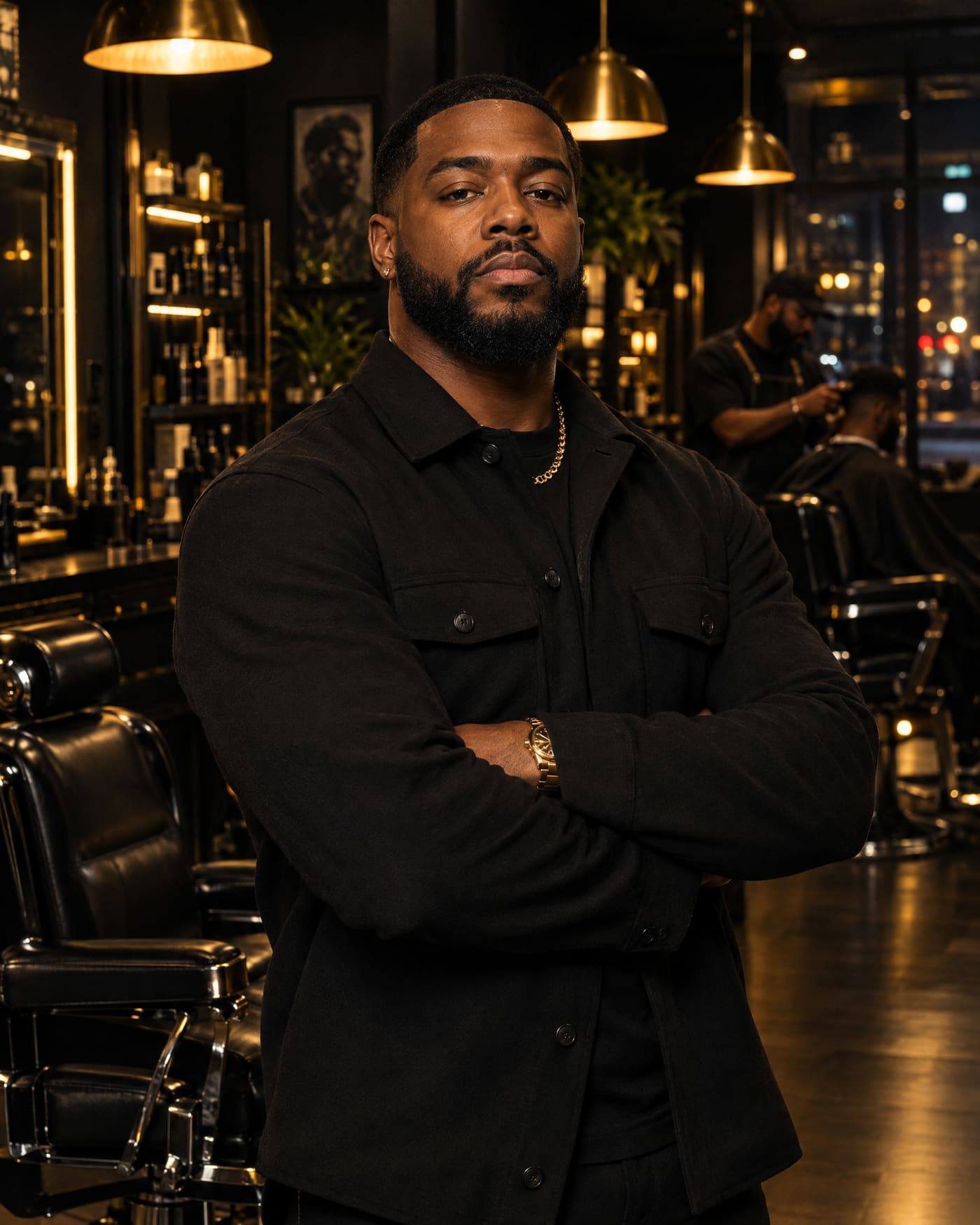 A Black barber-owner stands in his shop at night with arms crossed, fresh line-up and groomed beard, a barber working behind him.
