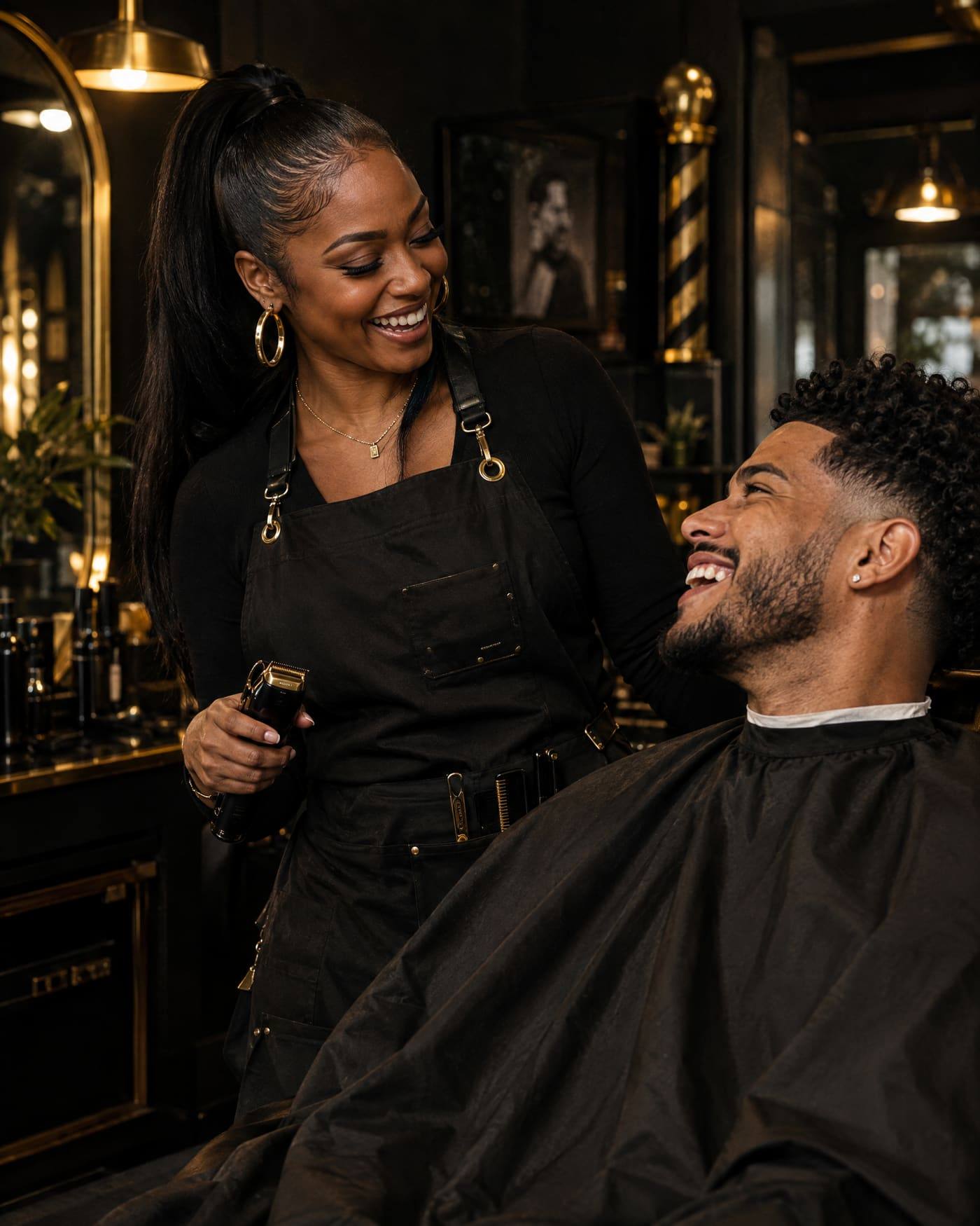 A Black woman barber with a high ponytail and gold hoops laughs with her client, an Afro-Latino man with a fresh curly taper, in a dark gold-lit shop.