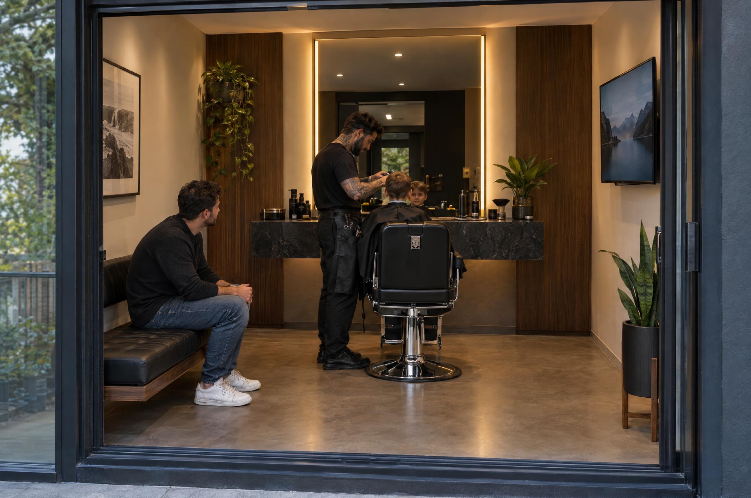 A Private Residency seen through its open glass slider: a floating stone station and tall lit mirror on the back wall, a barber cutting a boy's hair while his father waits on a slim leather bench, a wall-mounted TV opposite.