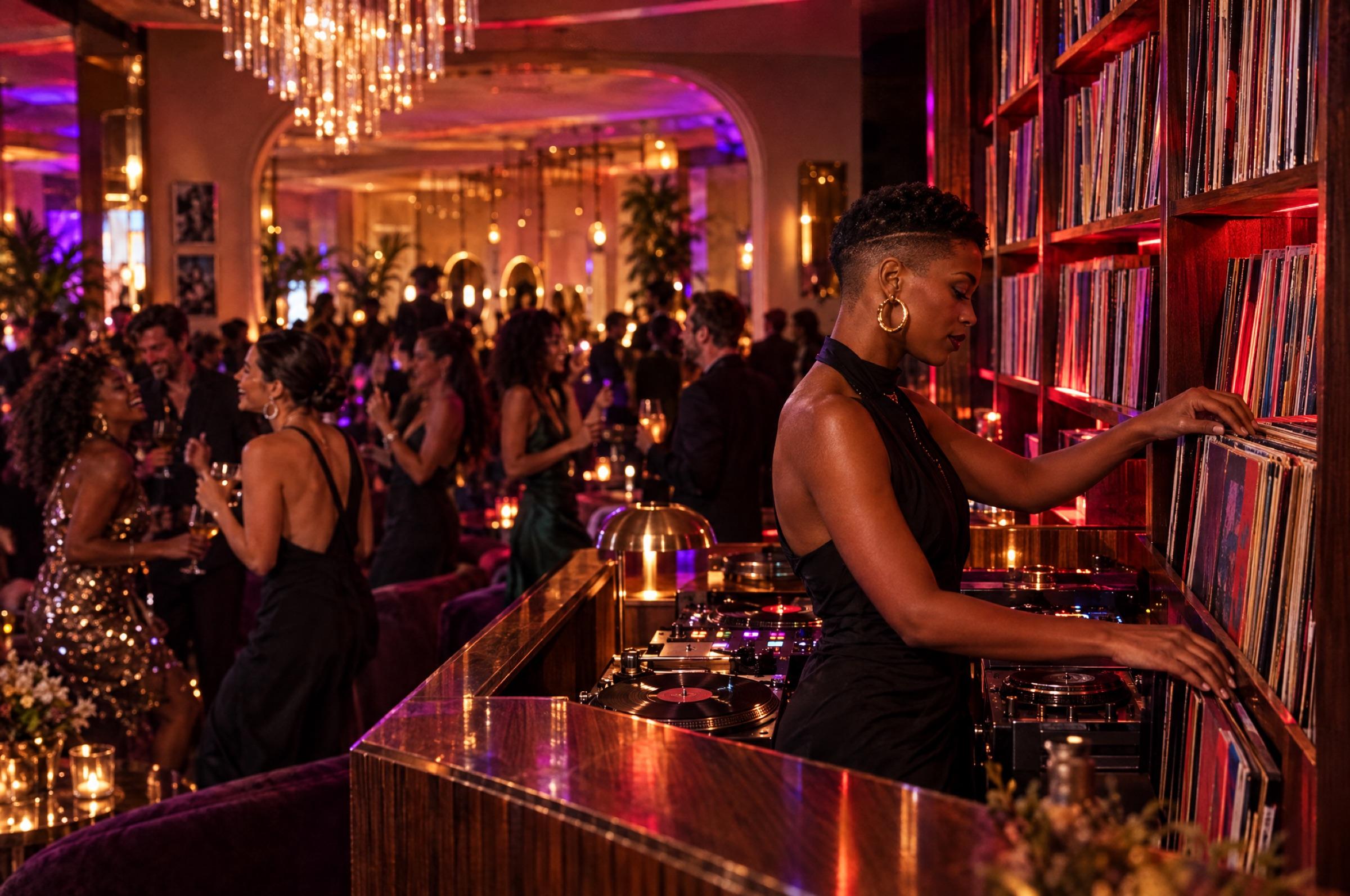 A DJ chooses a record at the walnut booth in the vinyl wall while guests dance behind. Mood image; no performer is booked.
