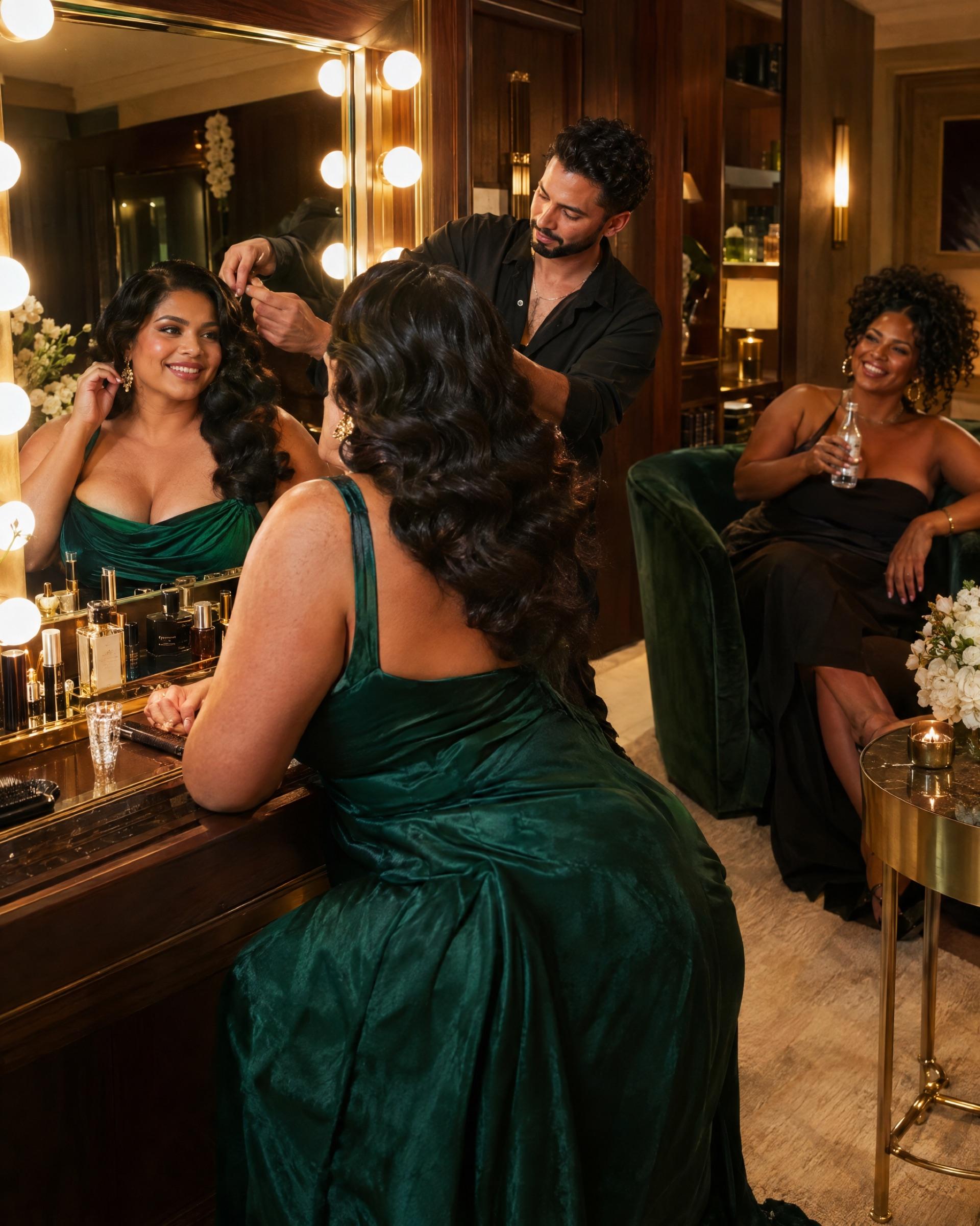 A stylist finishes glossy waves on a woman in an emerald evening dress at a lit vanity while her friend laughs nearby.