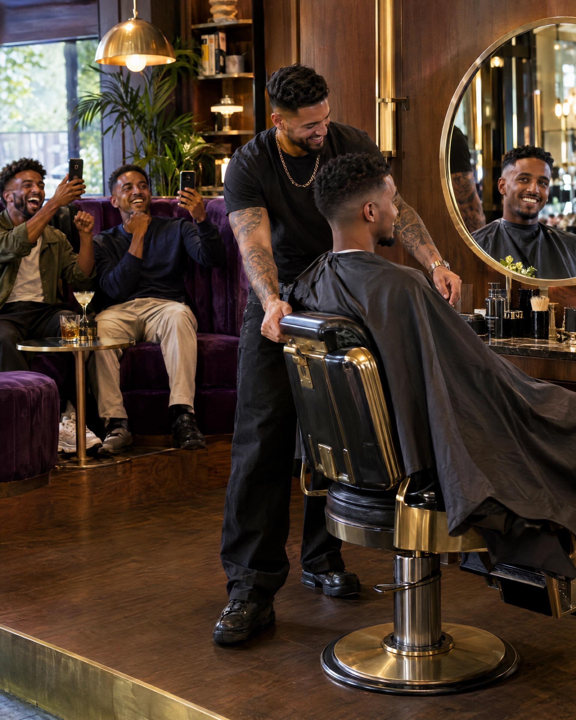A barber spins the chair to reveal a crisp cut in the mirror while friends on a velvet banquette cheer and film it.