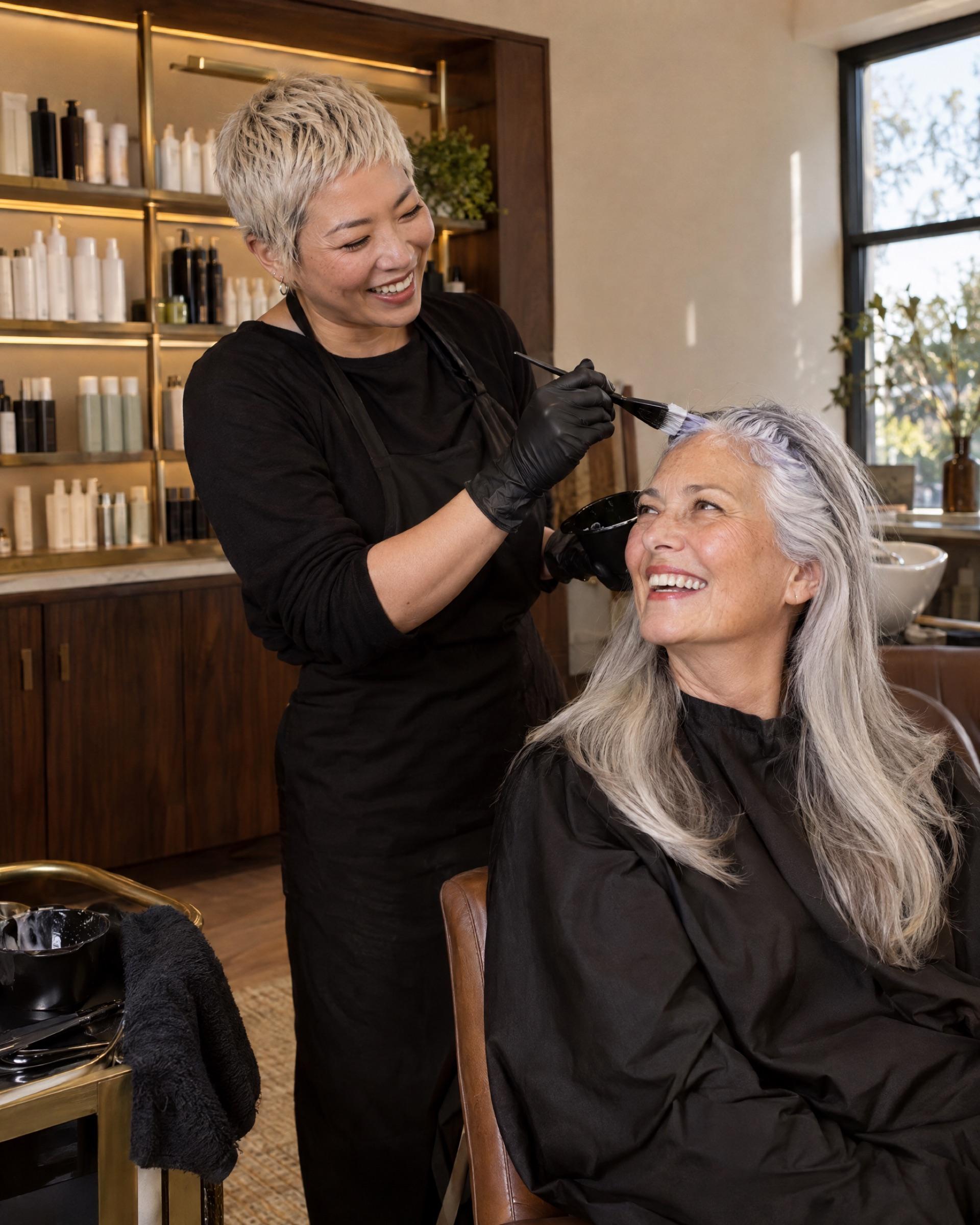 In a larger private suite, a colorist paints color onto a laughing client's long silver hair beside a lit retail wall.
