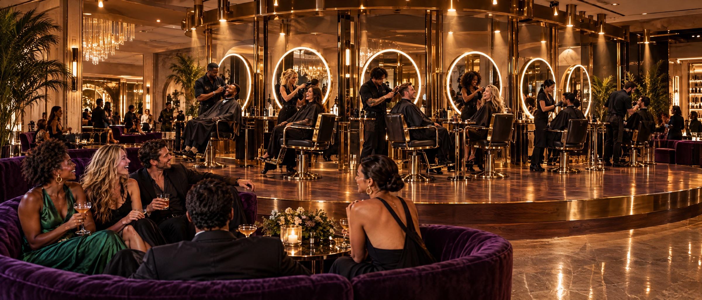 The Main Stage: six open stations with glowing round mirrors on a raised walnut platform edged in brass, professionals at work, friends watching from a velvet banquette.