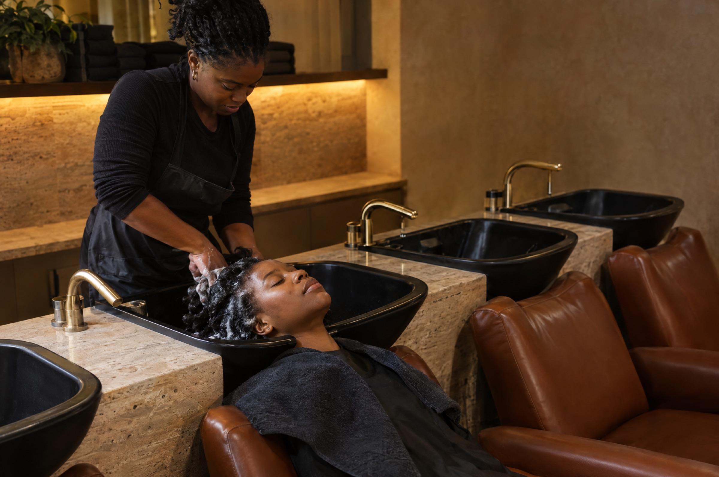 The Rinse: a stylist rinses a relaxed client's coily hair at a row of black basins set in travertine.