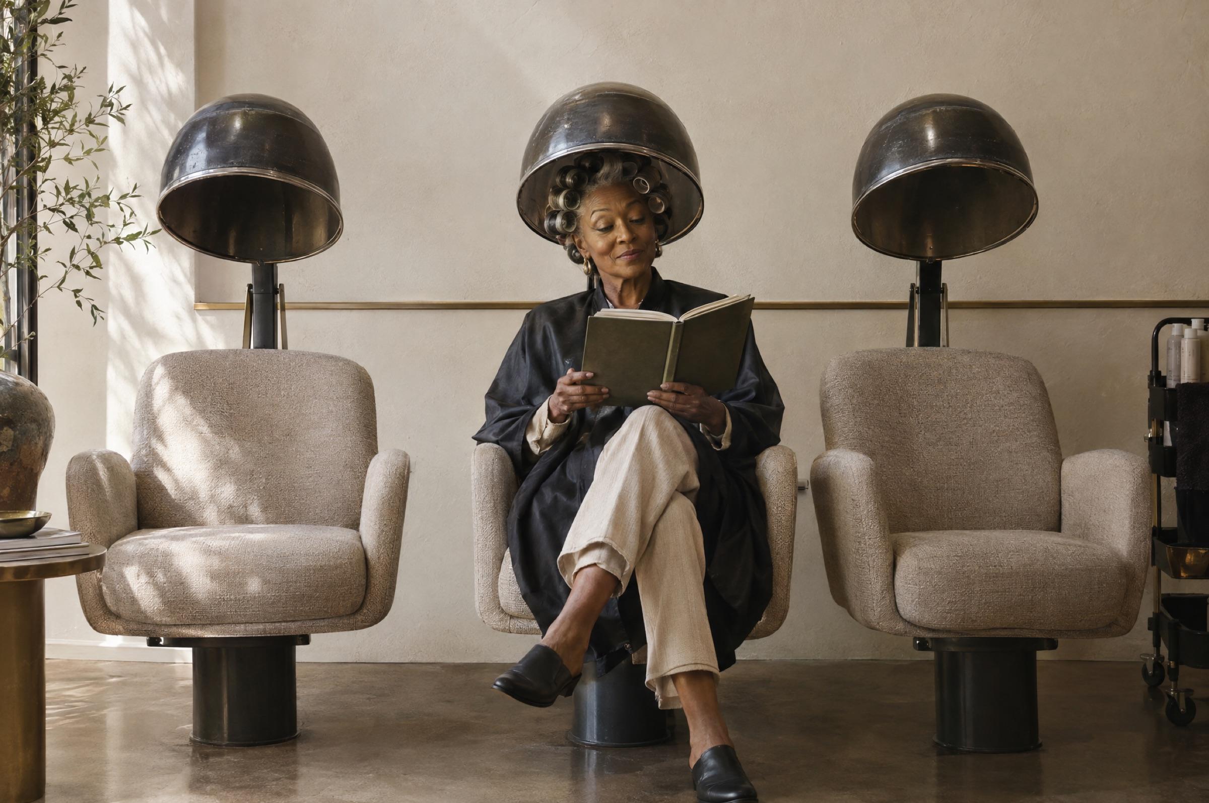 The Set: a woman in rollers reads a book under a steel hooded dryer.